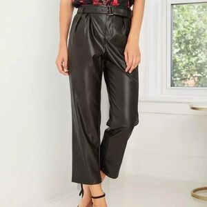 WHO WHAT WEAR Vegan Faux Leather High Rise Belted Pants in Black Size 8